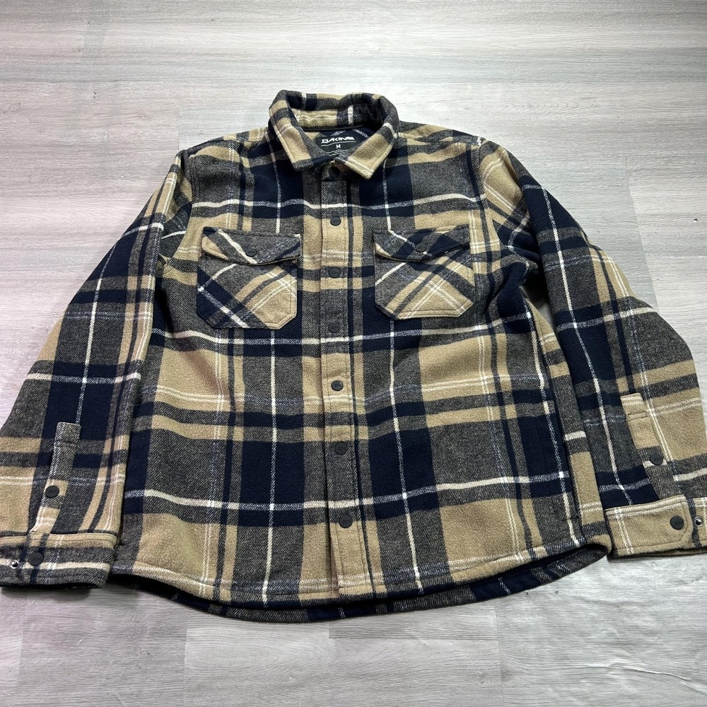 Dakine‎ Jacket Mens Medium Tan Navy Plaid Fleece Lined Snap Flannel Shacket